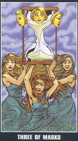 Three of Masks — carta del Tarot, mazo Fradella Adventure Tarot