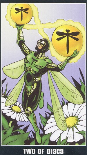 Two of Discs — carta del Tarot, mazo Fradella Adventure Tarot