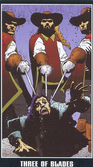 Three of Blades — Tarot card, Fradella Adventure Tarot deck