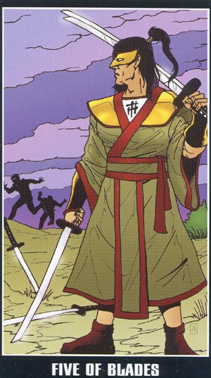 Five of Blades — carta del Tarot, mazo Fradella Adventure Tarot