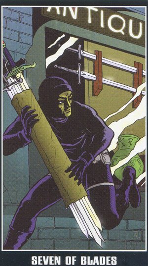 Seven of Blades — carta del Tarot, mazo Fradella Adventure Tarot