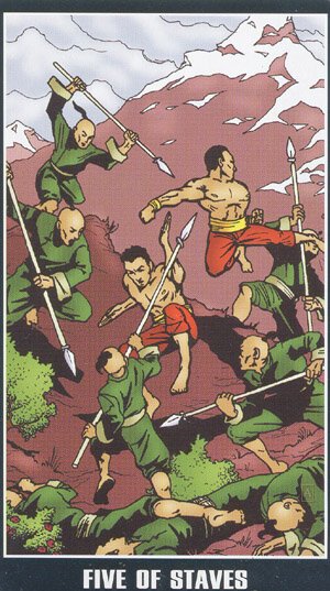 Five of Staves — carta del Tarot, mazo Fradella Adventure Tarot