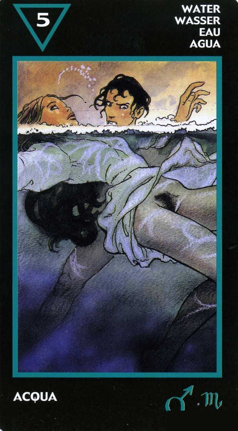 Five of Water — Manara Erotic Tarot deck