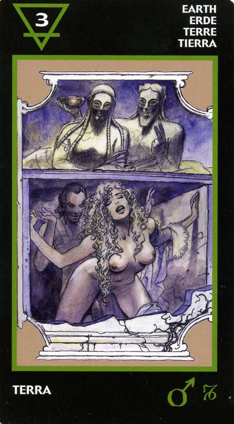 Three of Earth — Manara Erotic Tarot deck