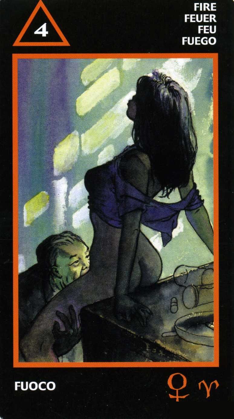 Four of Fire — Manara Erotic Tarot deck