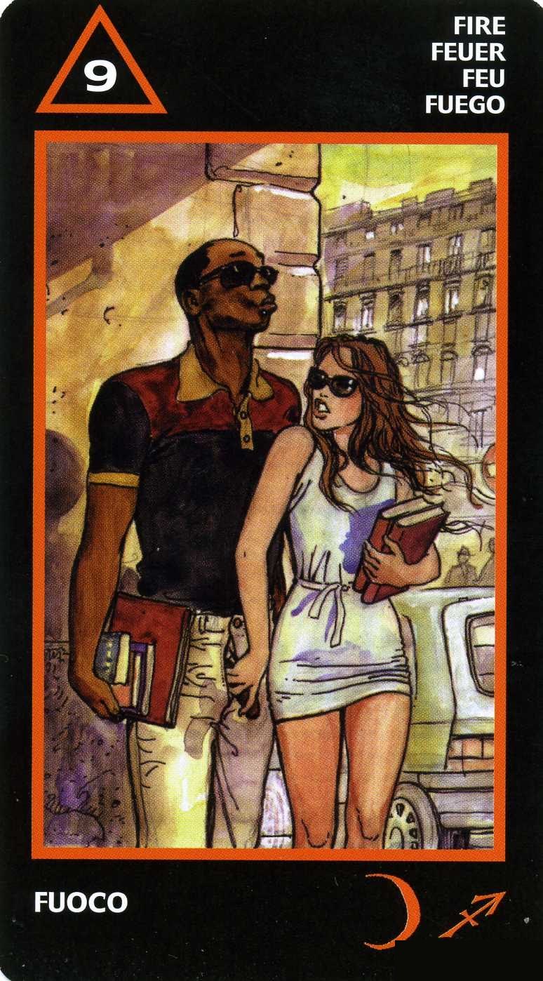 Nine of Fire — Manara Erotic Tarot deck