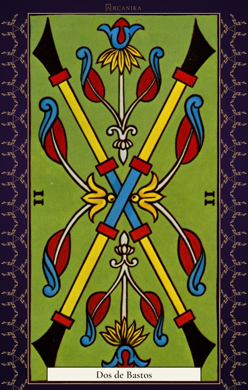 Dos de Bastos — carta del Tarot, mazo Arcanos de Marsella