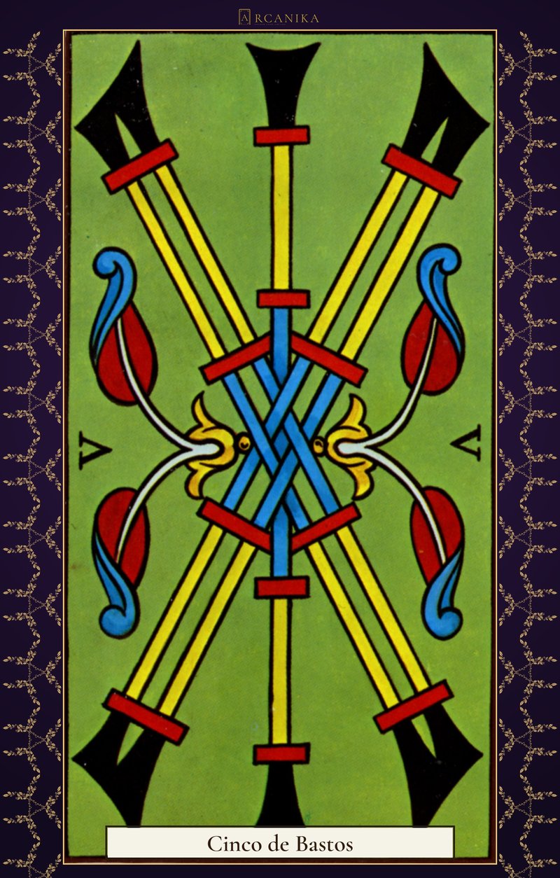 Cinco de Bastos — carta del Tarot, mazo Arcanos de Marsella