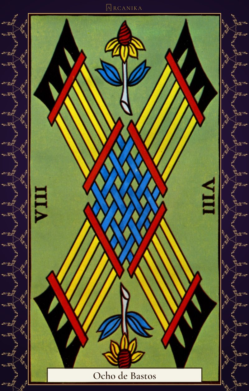 Ocho de Bastos — carta del Tarot, mazo Arcanos de Marsella