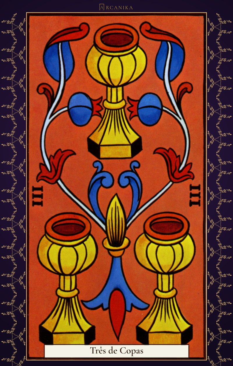 Três de Copas — carta de Tarô, baralho Arcanos de Marselha
