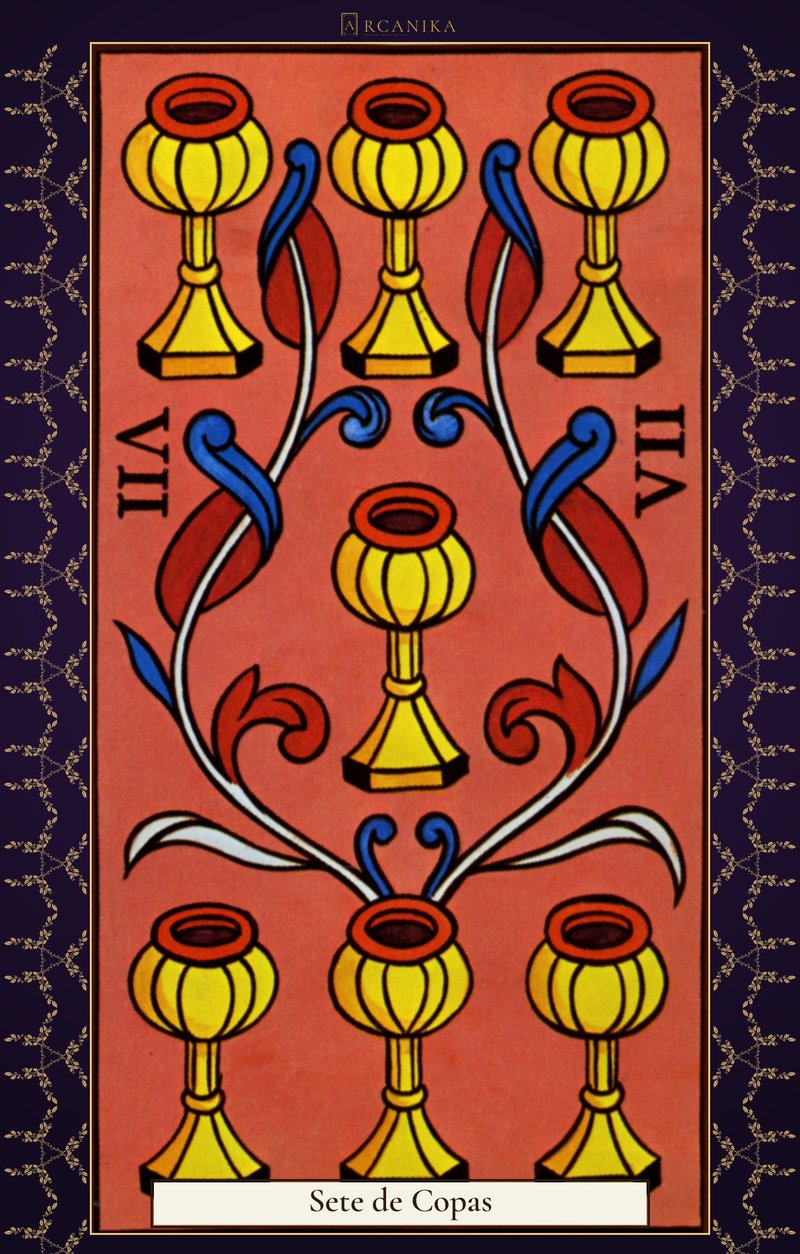 Sete de Copas — carta de Tarô, baralho Arcanos de Marselha