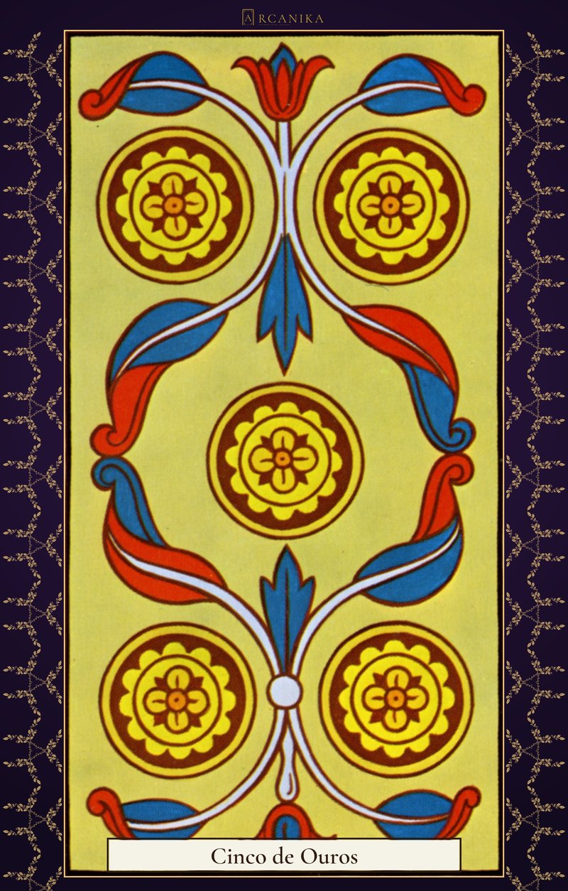 Cinco de Ouros — carta de Tarô, baralho Arcanos de Marselha