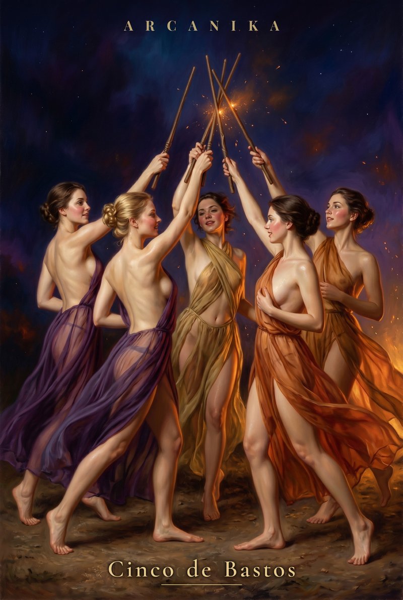 Cinco de Bastos — carta del Tarot, mazo Soblazn — Tarot Sensual