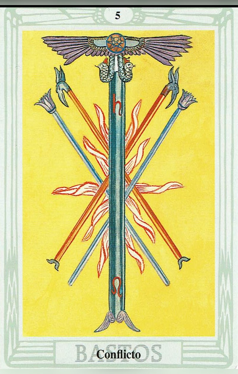 Cinco de Bastos — carta del Tarot, mazo Tarot Thoth