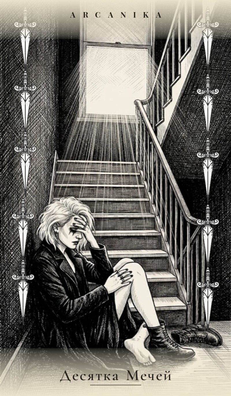 Diez de Espadas — carta del Tarot, mazo Tush — Ink Tarot