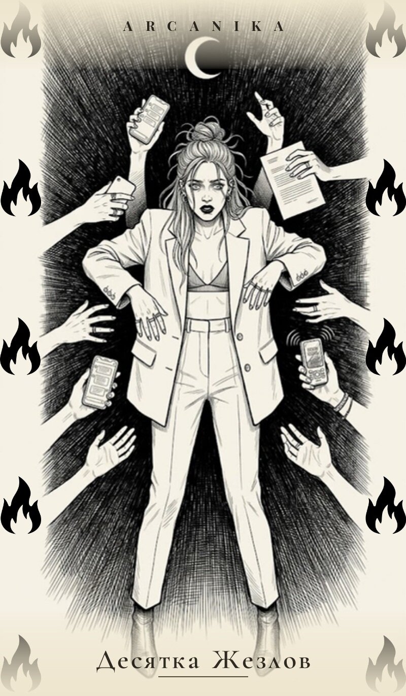 Diez de Bastos — carta del Tarot, mazo Tush — Ink Tarot