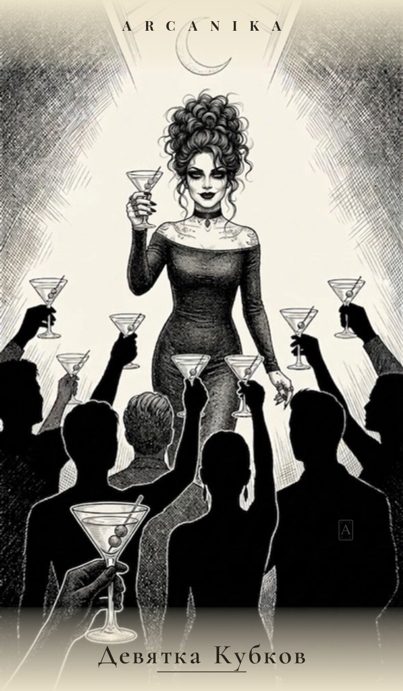 Nueve de Copas — carta del Tarot, mazo Tush — Ink Tarot