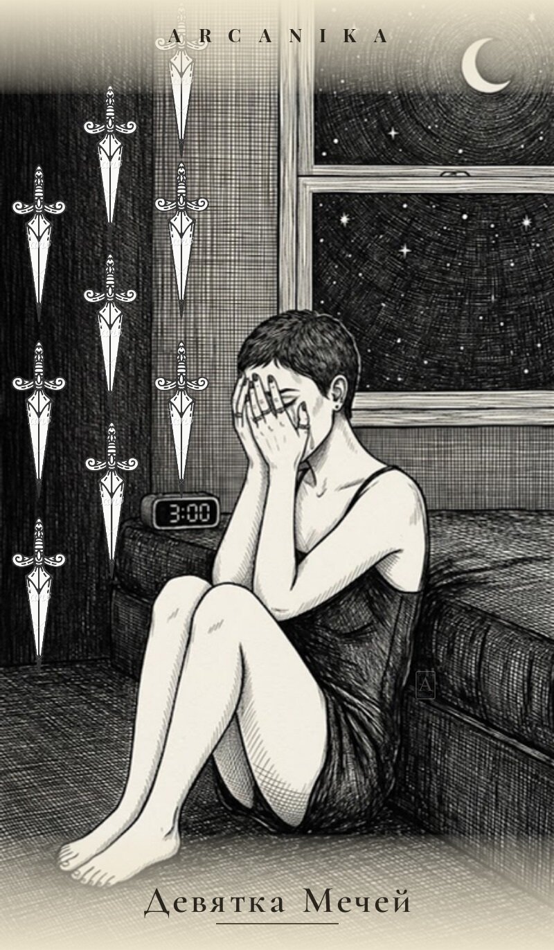 Nueve de Espadas — carta del Tarot, mazo Tush — Ink Tarot