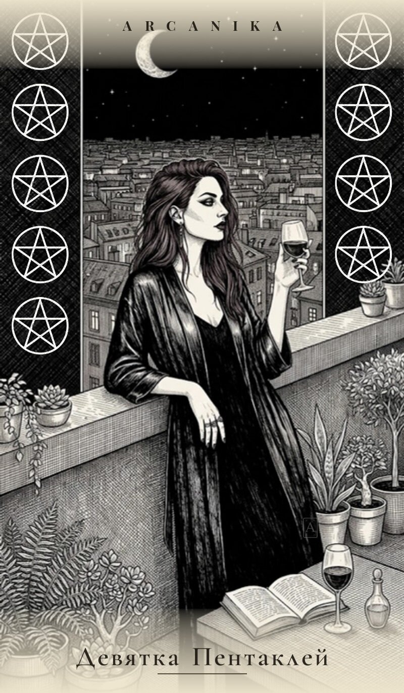 Nueve de Oros — carta del Tarot, mazo Tush — Ink Tarot