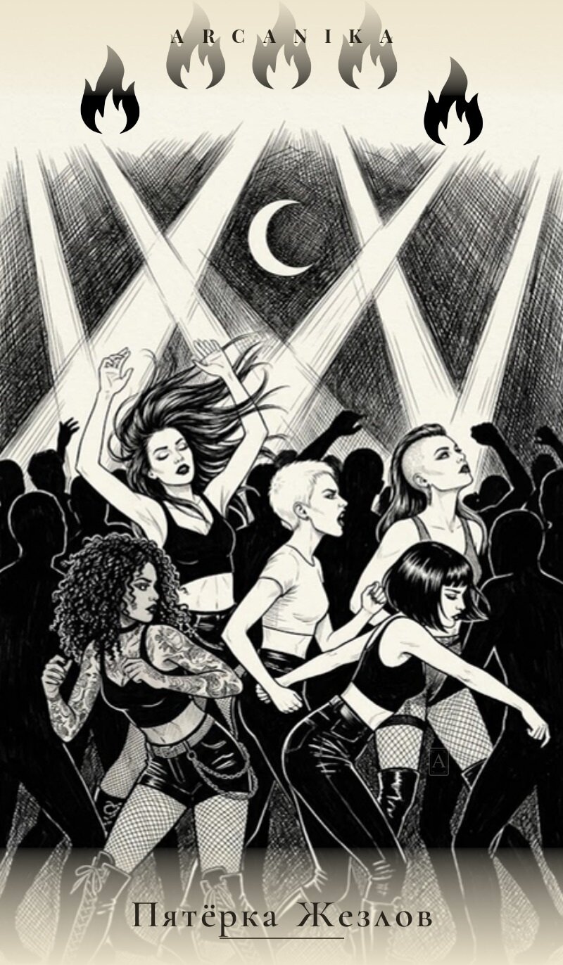 Cinco de Bastos — carta del Tarot, mazo Tush — Ink Tarot