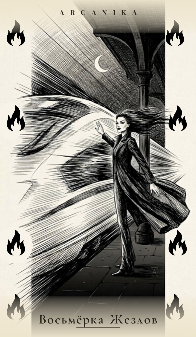 Ocho de Bastos — carta del Tarot, mazo Tush — Ink Tarot